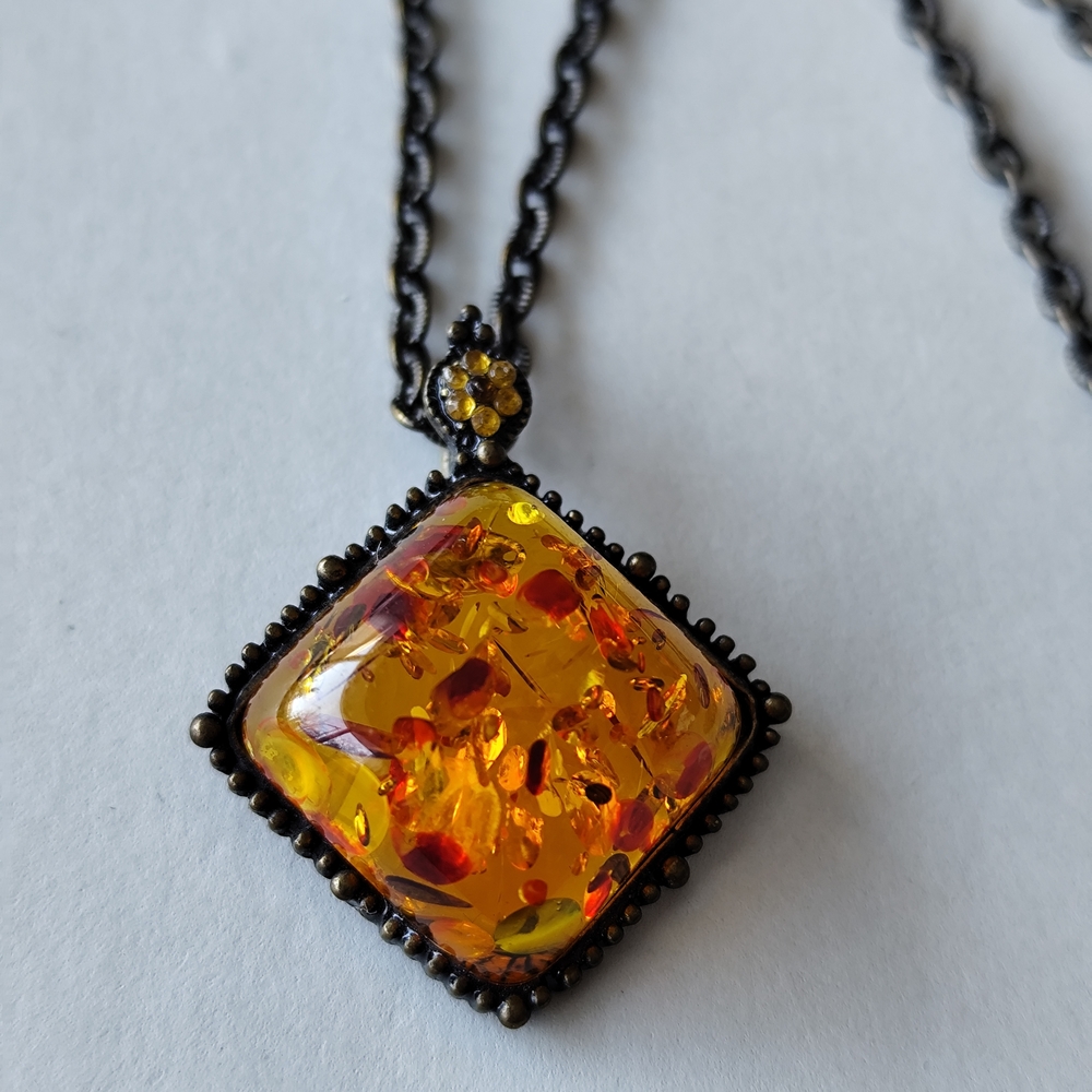 Orange and Black Amber Pendant Necklace 16"